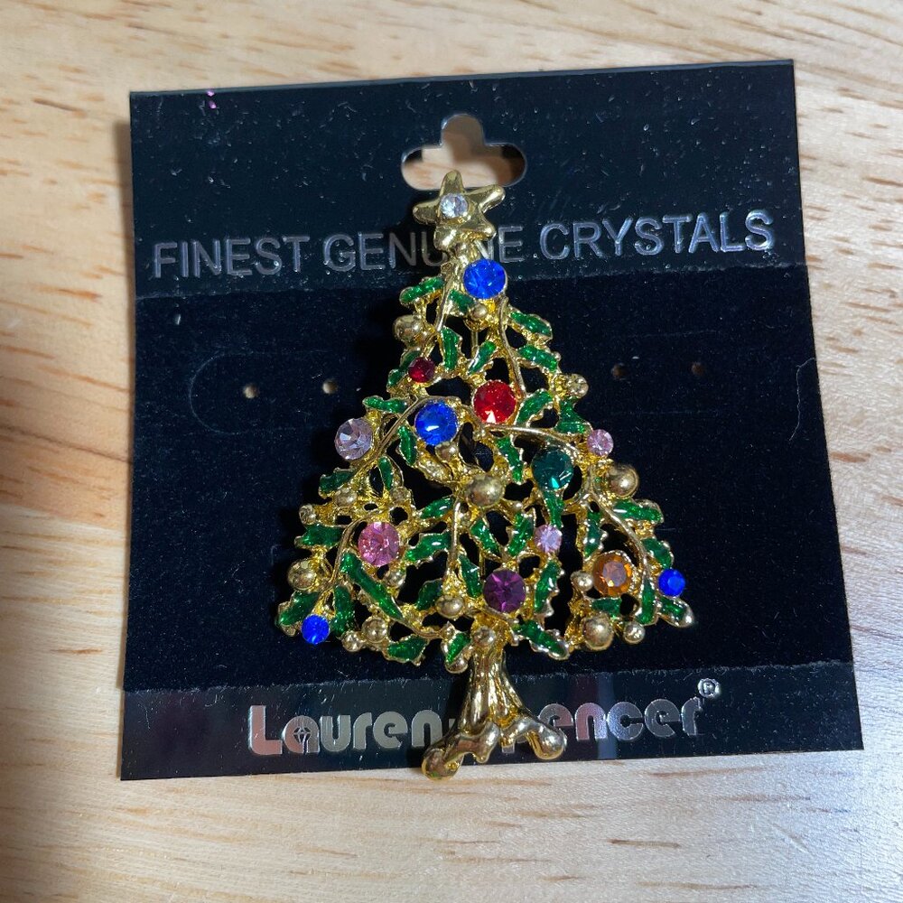 Vtg Lauren Spencer Christmas Tree Rhinestone Crystals Brooch 2” NWT